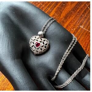 Vintage Avon silver 925 necklace filigree open work garnet heart romantic love